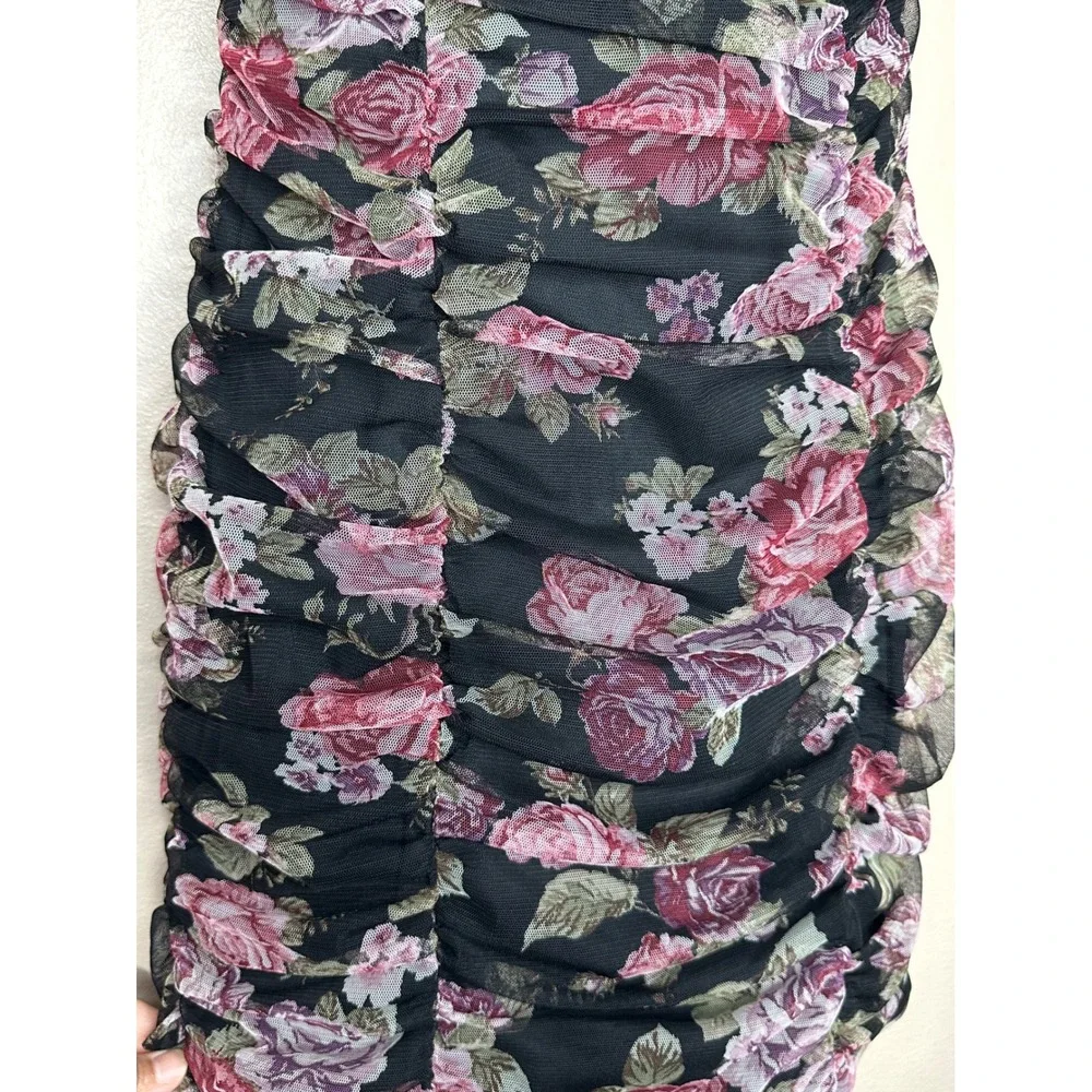 IRIS Floral Black Mini Dress Sweetheart Neckline‎ Ruched Puff Sleeve M Fairycore